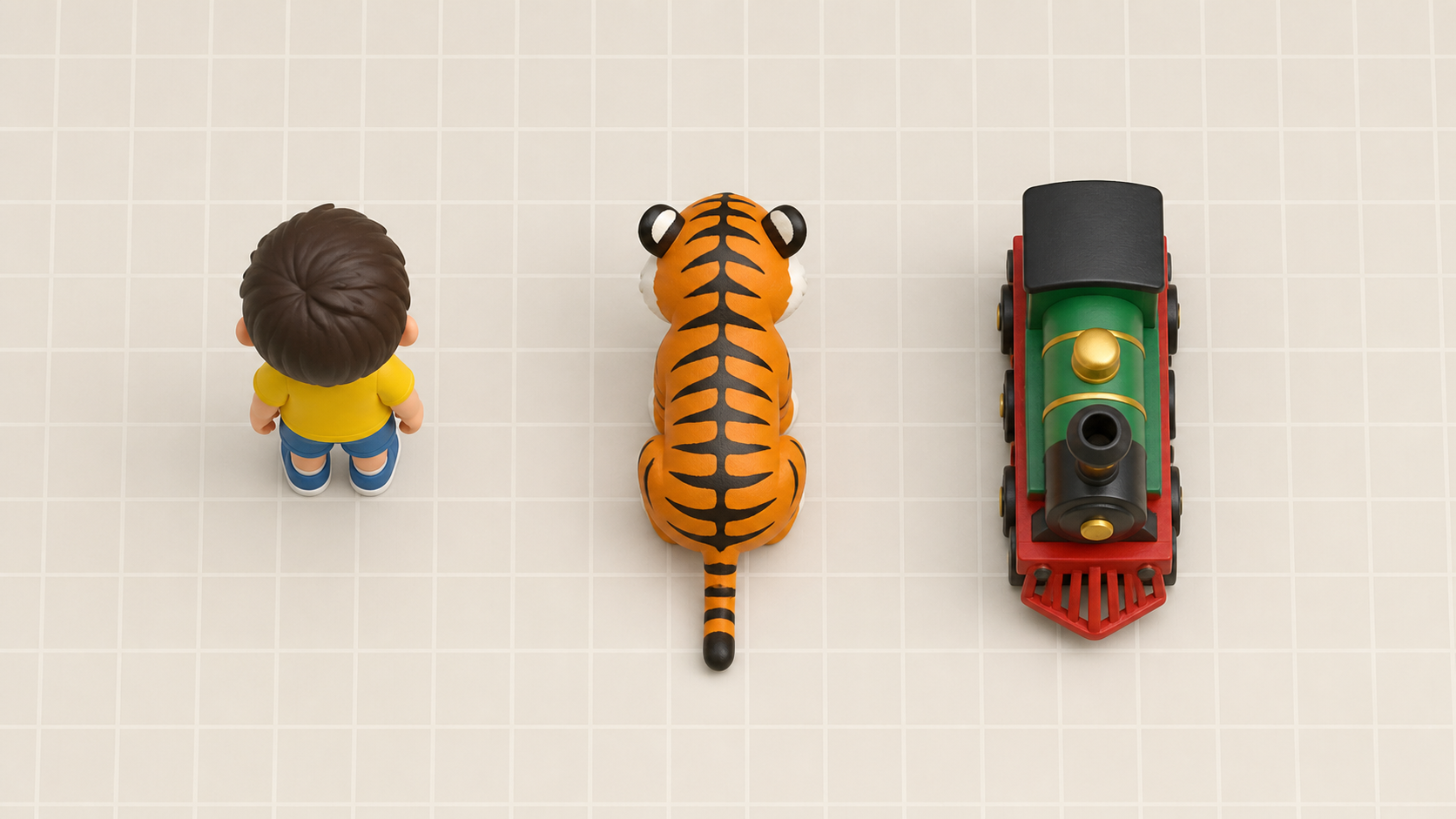 Generated top-down FoR-T2I example with child, tiger, and train