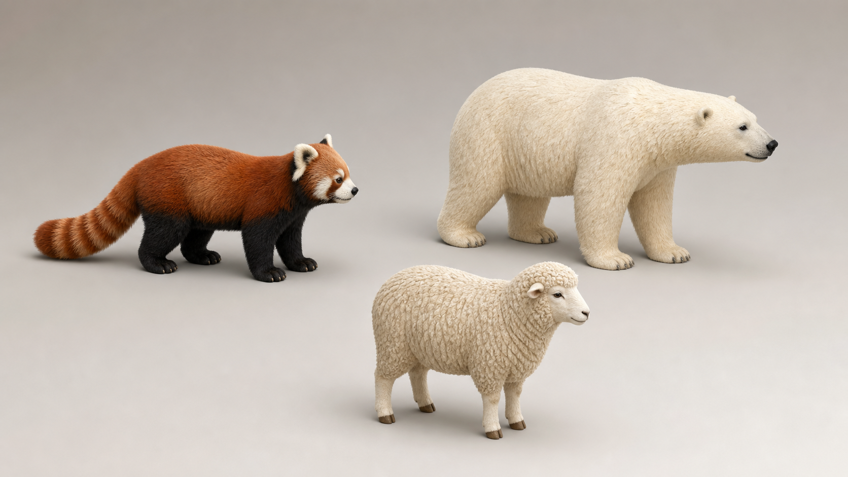 Generated eye-level FoR-T2I example with red panda, polar bear, and sheep