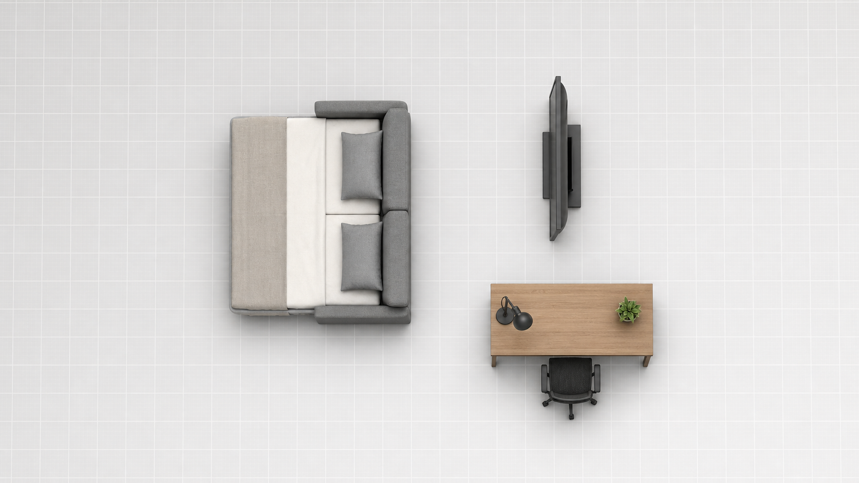 Generated top-down FoR-T2I example with sofa bed, TV, and desk
