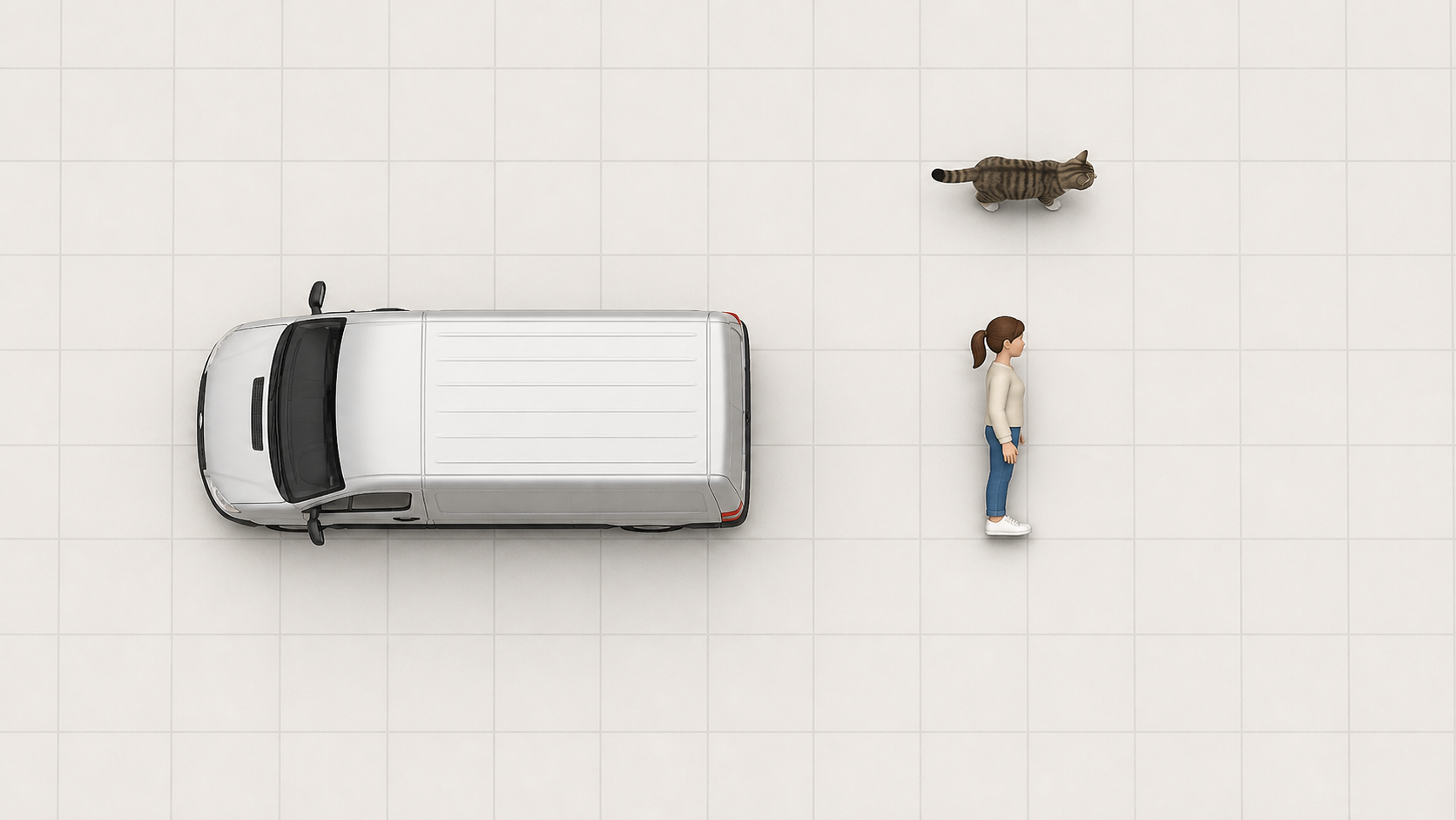 Generated top-down FoR-T2I example with van, woman, and cat
